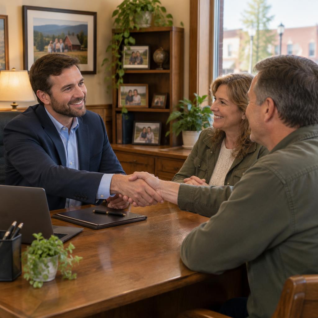 An agent greeting a couple in the Owensboro Insurance Agency office
